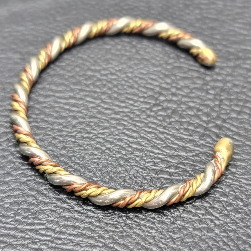 Tri-Metal Twisted Cuff Bracelet, Brass, Copper, Silver -Vintage, Estate, Artisan - Picture 5 of 6